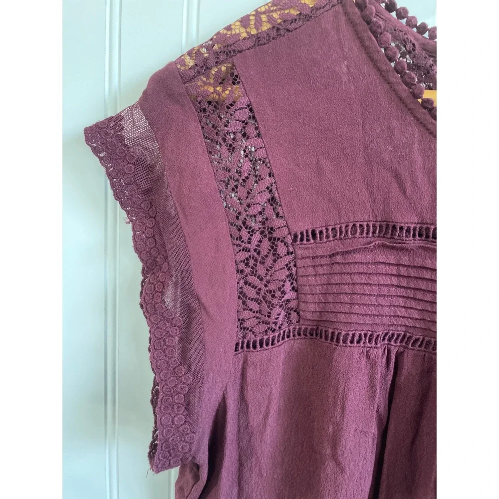 Daniel Rainn Womens XL Plum Lace‎ Trim Pin-tuck Cap Sleeve Rayon Blouse